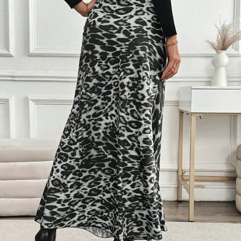 Multicolor Elegant Women's High Waist Leopard Print Maxi Length Skirt